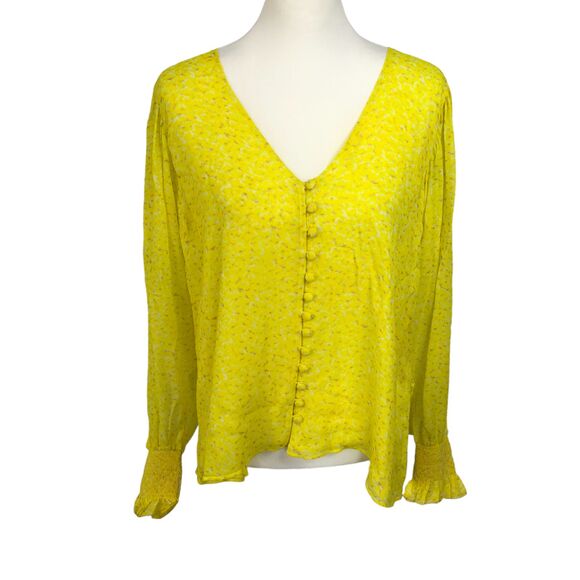 Karina Grimaldi Revolve Yellow Women's Long Sleeve‎ Deep-V Neck Silk Blouse Sz L - Picture 1 of 10